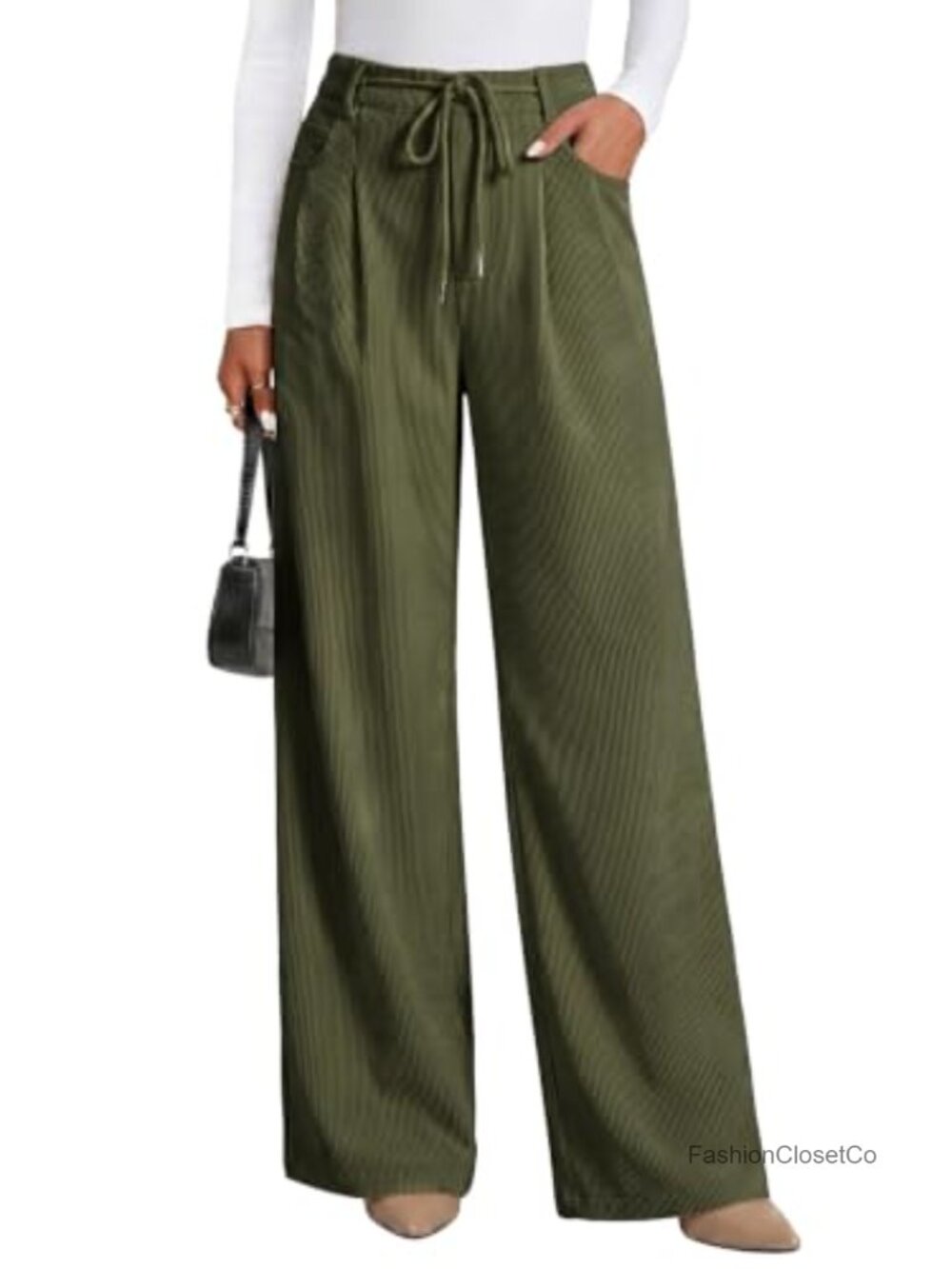 Women's Corduroy Wide Leg Pants High Waisted Drawstring Baggy Casual